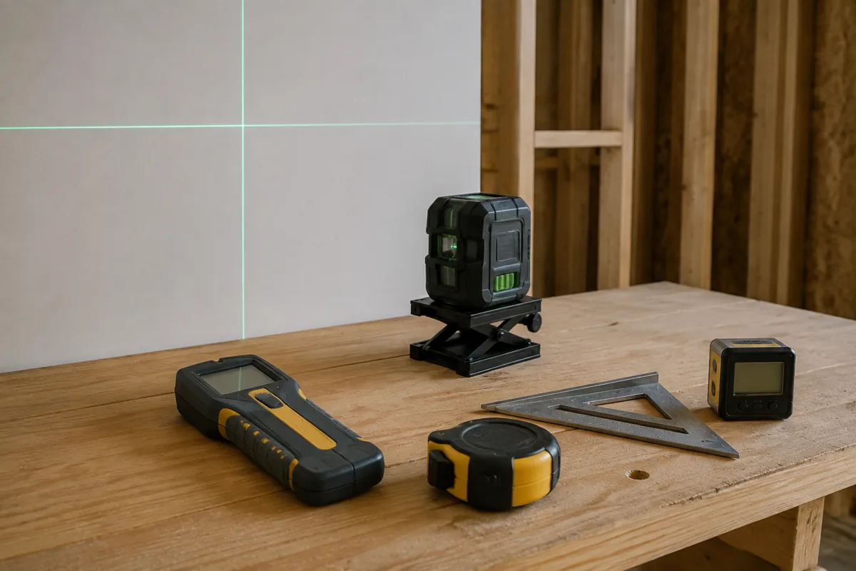 Laser level, stud finder, tape measure, speed square and angle gauge arranged on a carpenter bench