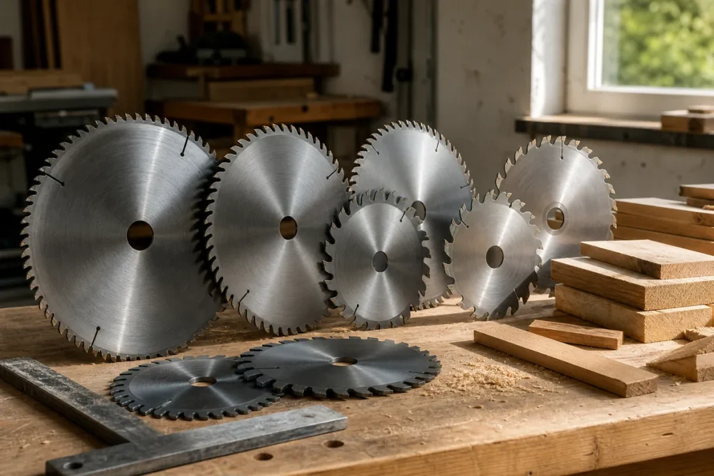 Circular saw blades with different tooth patterns arranged beside wood offcuts