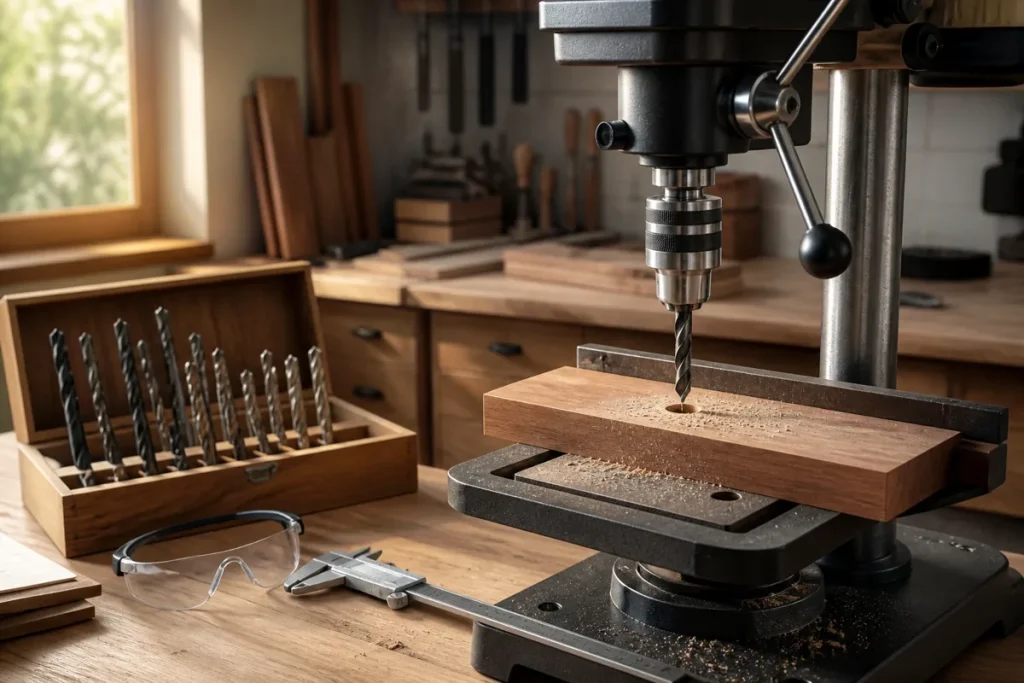 Benchtop drill press above a wood block beside a set of drill bits and safety glasses