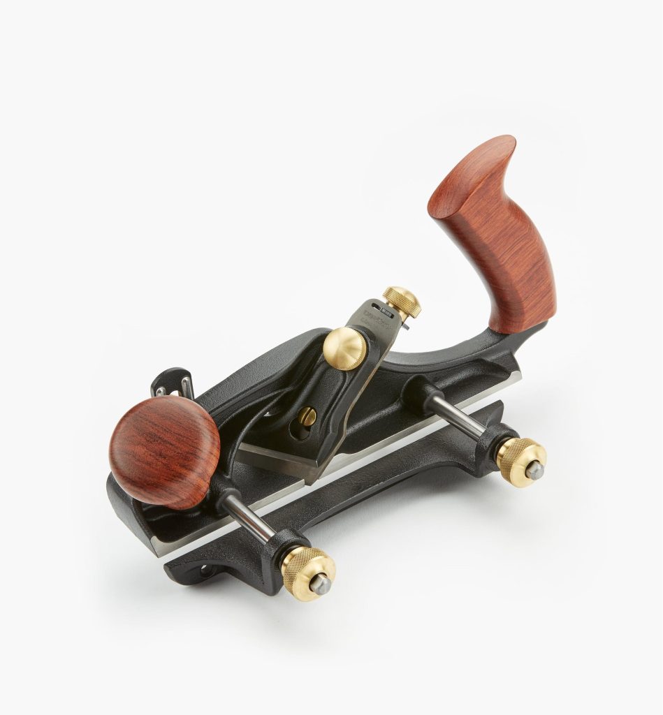 Metal Veritas skew-rabbet plane with fence on twin rods, skew blade and wooden handles