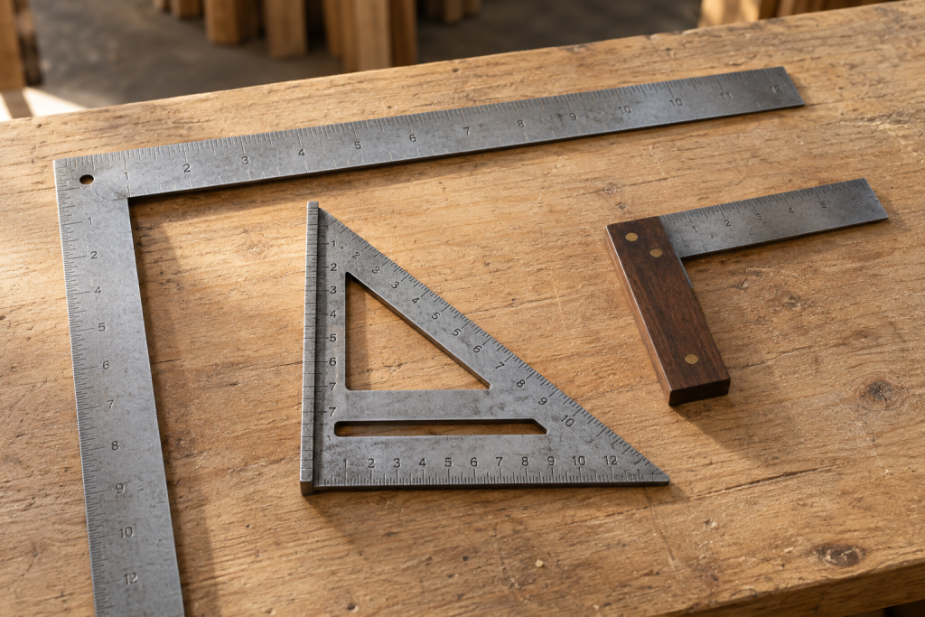 AI-generated editorial illustration of carpentry squares