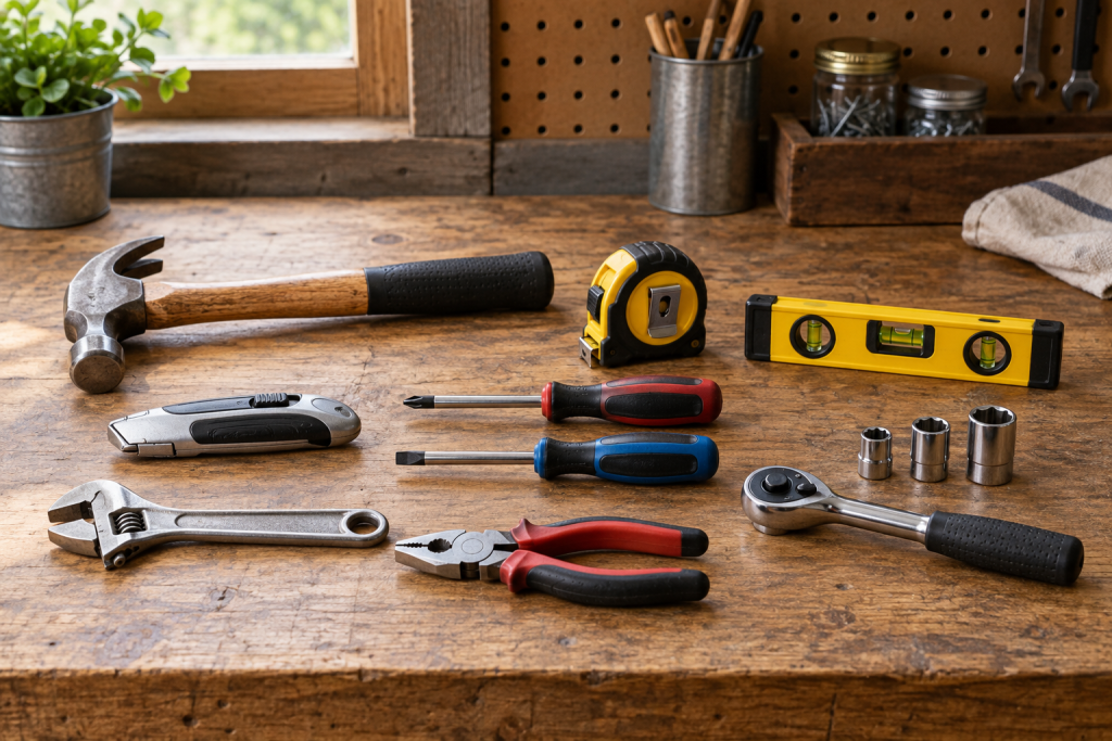AI-generated editorial illustration of homeowner hand tool assortment