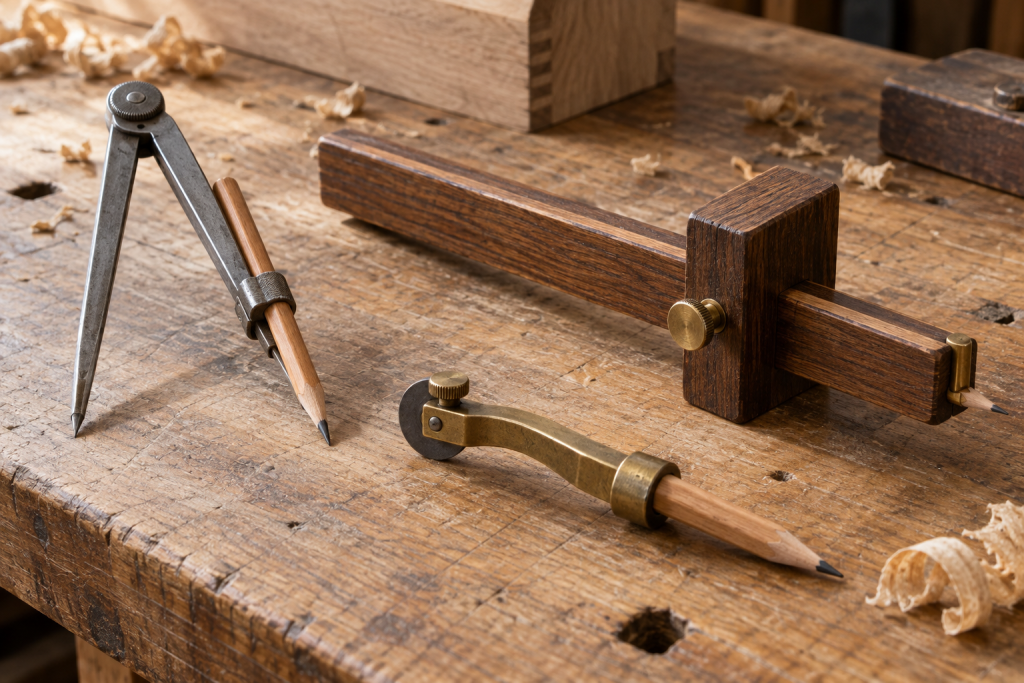 AI-generated editorial illustration of pencil scribing compass and panel gauge