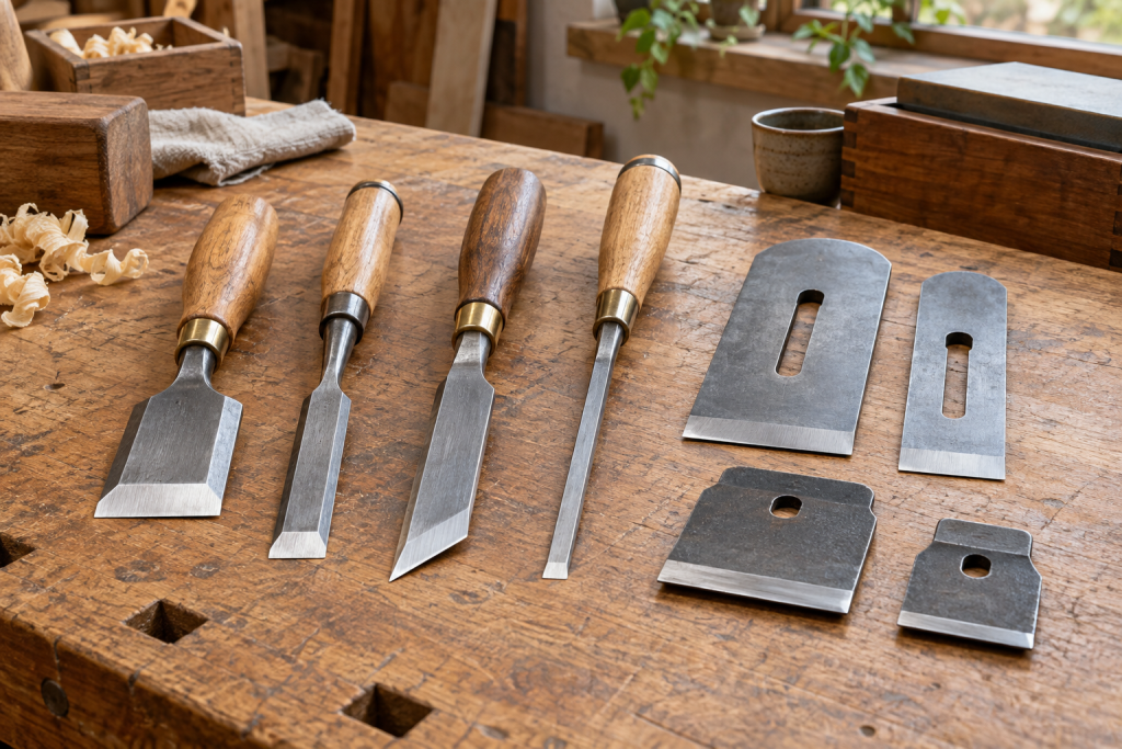 AI-generated editorial illustration of specialty chisels and plane irons