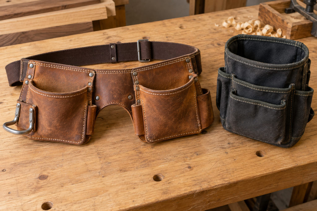 AI-generated editorial illustration: leather carpenter tool belt beside a canvas tool pouch.