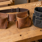 AI-generated editorial illustration: leather carpenter tool belt beside a canvas tool pouch.
