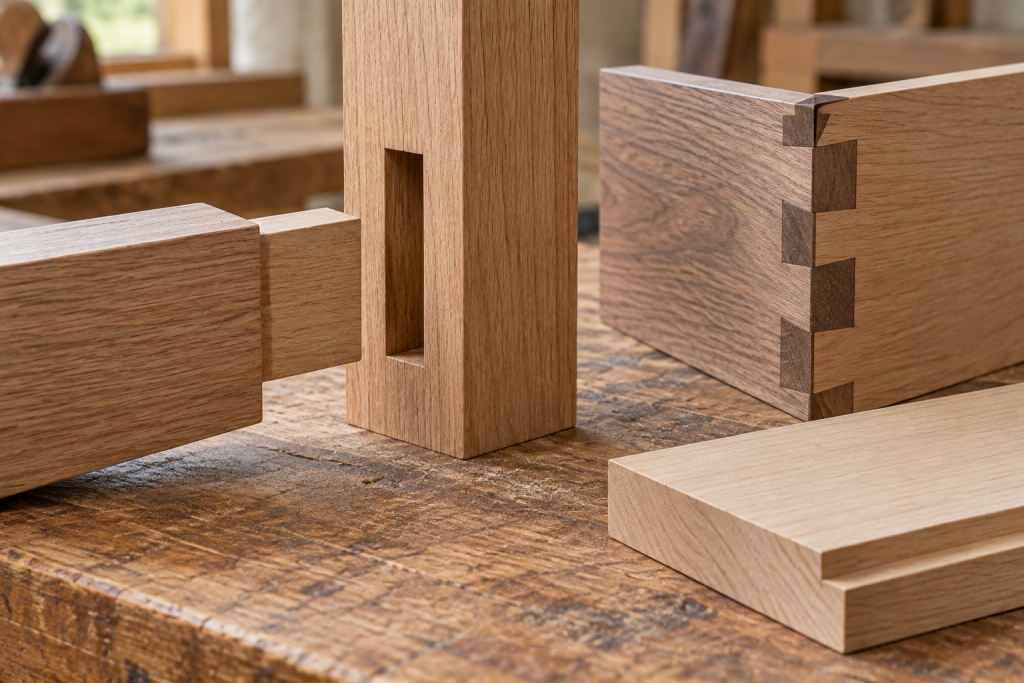 AI-generated editorial illustration: wooden mortise and tenon, dovetail corner and rebated edge samples.