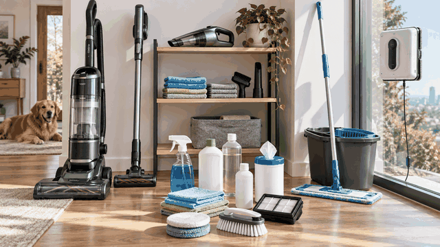 Upright/stick/handheld vacuums, mop, robot window cleaner, cloths, cleaning bottles, brushes.