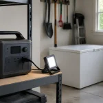 Portable battery power station connected to a work light on a garage shelf beside a chest freezer