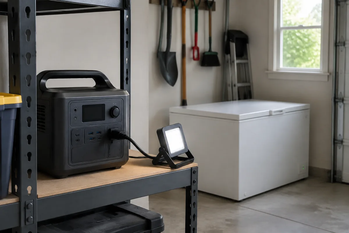 Portable battery power station connected to a work light on a garage shelf beside a chest freezer