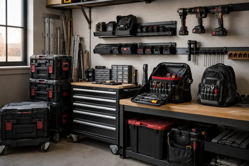 Rolling tool boxes, drawer chest, tool bag and backpack beneath wall-mounted tool and battery holders