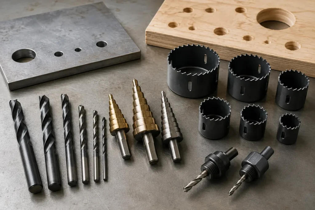 Twist drill bits, stepped drill bits and hole saw cups with arbors beside drilled steel and plywood samples