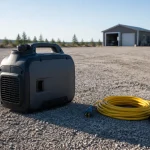 Portable inverter generator and outdoor extension cord on an open-air gravel pad away from a workshop