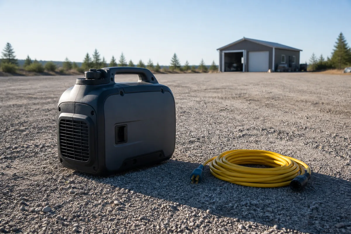 Portable inverter generator and outdoor extension cord on an open-air gravel pad away from a workshop
