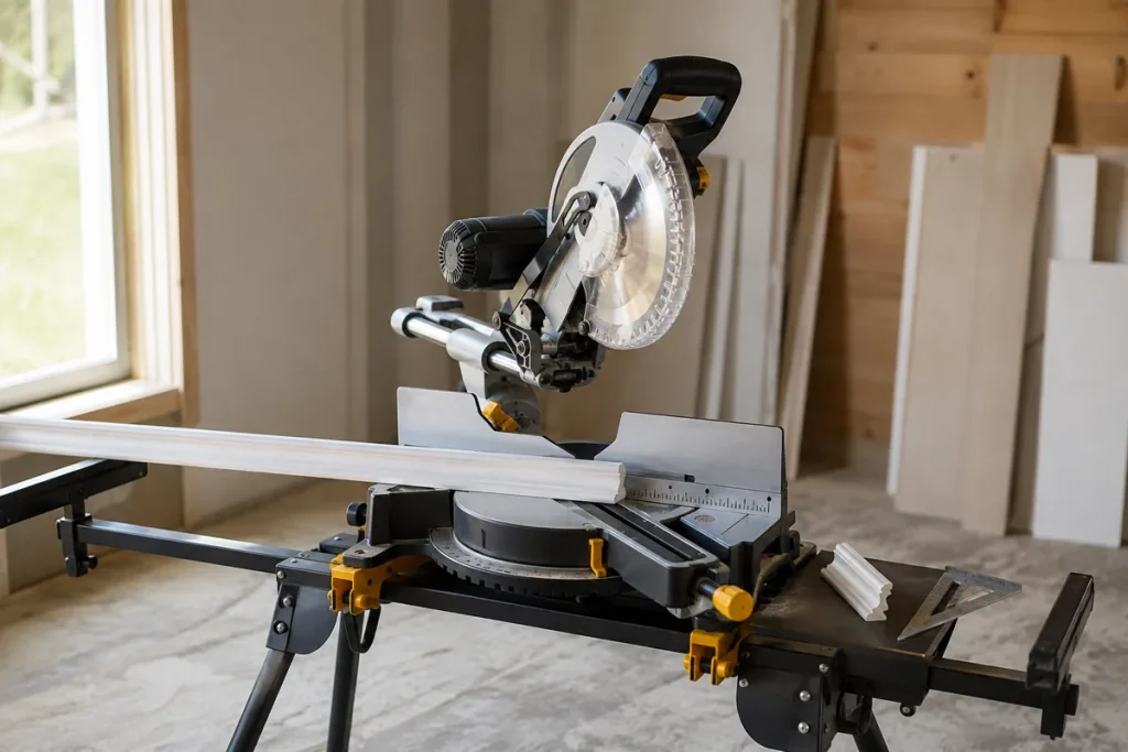 Sliding miter saw on a folding stand beside trim, crown molding and a carpenter square