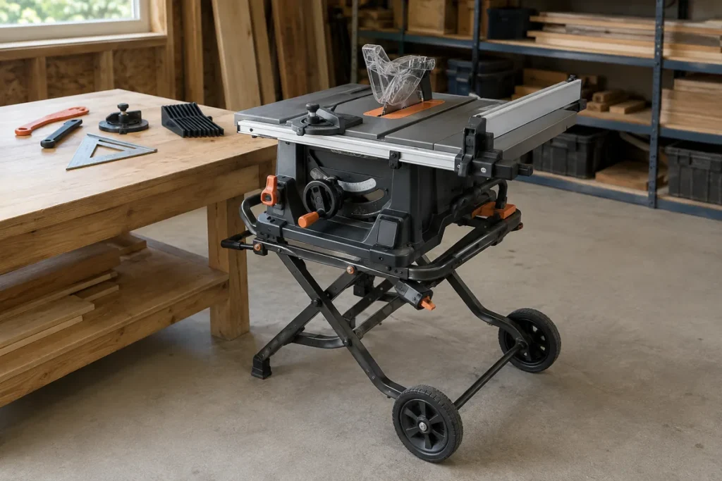 Portable table saw on a folding rolling stand beside push sticks, a miter gauge, featherboard and square